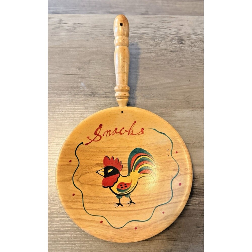 Vintage Mid Century Wooden Wall Hanging Handled Snack Bowl Roosters Japan